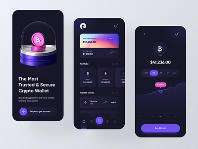 Cryptocurrency App Design 3d design app design bitcoin blender chart clean crypto crypto app crypto wallet cryptocurrency dark mode etheureum investment app mobile app product design trading ui ui design user interface wallet