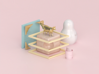 Cow 3d c4d gold isometric marble material shader vray wood