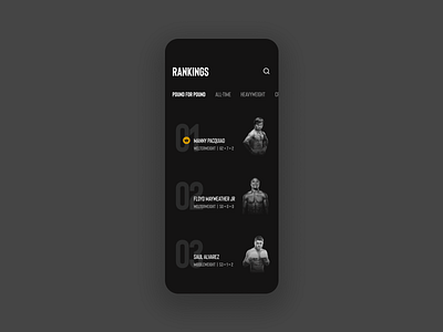 Rankings Concept - Alt boxing concept concepts dark mode dark ui design interaction design leaderboard mobile mobileapp shiftnudge sports ui uidesign ux uxdesign visual design
