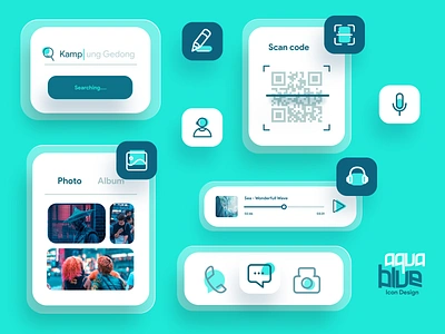 Aqua Blue Icon design with components app aqua branding branding design chart game icon icon set icons illustration illustrator logo manage navigation qr code scan search voice website