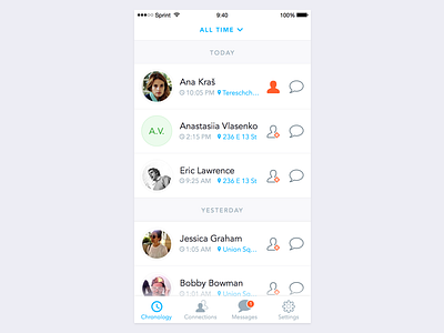 Contacts screen app filter ios list menu messenger minimal simple social time ui ux