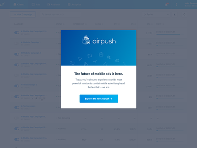 Airpush Ads Dashboard: Welcome screen ads advertising airpush dashboard gradient modal onboarding overlay popup ui ux welcome