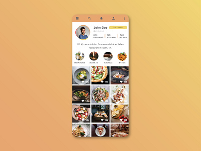 Recipe App User Profile adobe xd app app design clean cooking design experience food interface italian minimal prototype recipe ui uidesign uidesigner uiinspiration ux