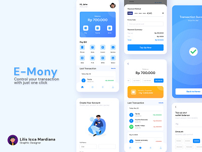 E-Mony | Digital E-Wallet App blue clean design dollar e wallet illustration logo minimalist money uidesign uiux ux vector wallet white