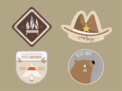 Badges badges bear cowboy feathers hat illustration indian tent