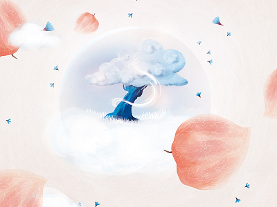 L'amulette blue clouds colors flowers illustration magic pastel physallis pink print tree