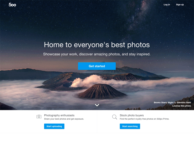 500px Homepage 500px clean community flat landing page marketplace photographer photography saas ui ux