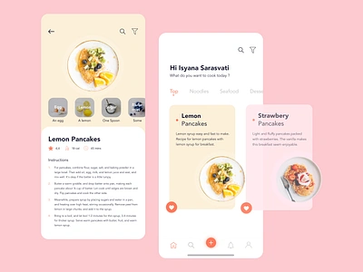 Recipe App - UI/UX Design clean cooking cooking app design dessert iphone x iphonex isyana lemon mobile ui noodles pancakes pink recipe recipe app seafood ui ux