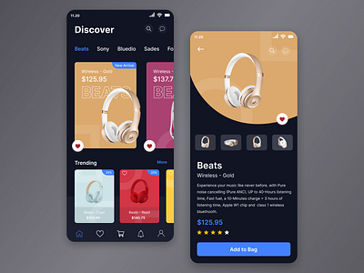 Shopping Headphones App app design beats branding buying dark design earphone gold headphone headphones iphone x mobile ui music red shopping shopping app ui