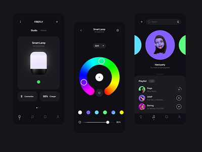 Smart lamp FIREFLY-App Concept app black design interface ios app mobile mobile app mobile app screens mobileappdesign mobileui smart lamp ui ui design uiux ux ux ui design