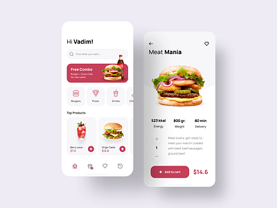 Fast Food App Conept android app burger clean concept delivery ecommerce fastfood food ios item card main page mobile pizza restaurant ui