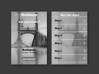 Daily UI #79 - Itinerary affinity designer are you ready black and white budapest daily 100 challenge daily ui 79 dailyui 79 get started holiday design holidays itinerary search bar travel travel app travel date travel days ui design