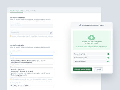 New product / category card category checkout cms component feedback form green grid hierarchy interface managment modal new product product ribeirão preto são paulo upload ux validation