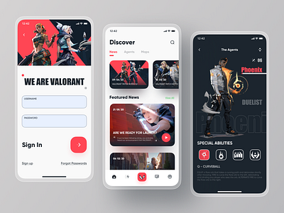 Valorant App Design 2020 app application design discover figma game game app game art games icon mobile mobile app design news profile riot sign in ui ux valorant