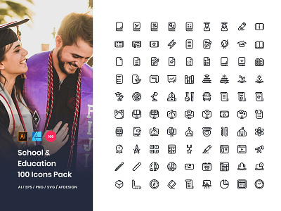 School & Education 100 Set Icons Pack campus college course education graduate highschool icons line outline pack school set students teachers university vocationalschool