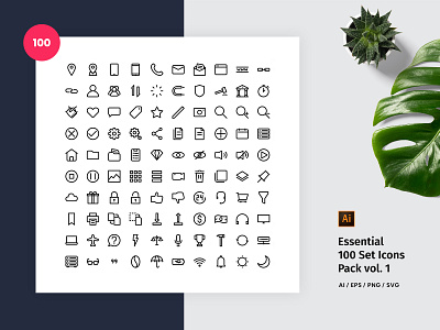 Essential 100 Set Icon Pack Vol. 1 ai business eps essential icons kit line outline pack png set simple svg ui vector