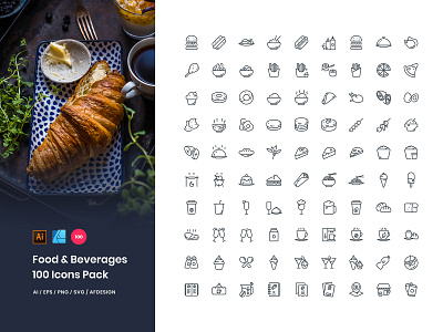 Food & Beverages 100 Set Icons Pack beverages burger cafe coffee cook cooking dessert dish drink eat food kitchen restaurant resto snacks