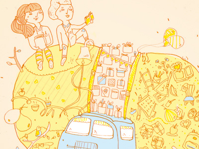 Rural Schools, campo amor. editorial illustration kids school truck yellow