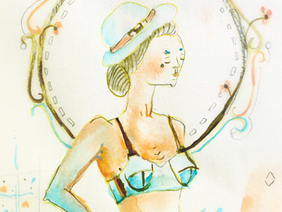 Woman in bra bra hat portrait watercolor woman