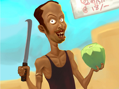 Tender coconut seller character design desi cartoon. digital painting