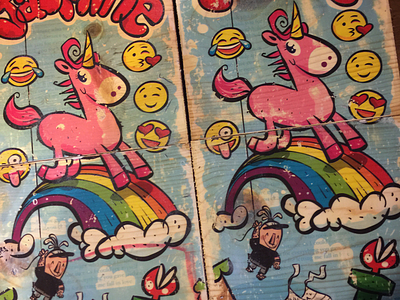 unicorn on rainbow cartoon character design emoji illustration print rainbow transfer unicorn woodblock