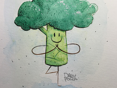 Tree pose broccoli brushes inks water colors yoga