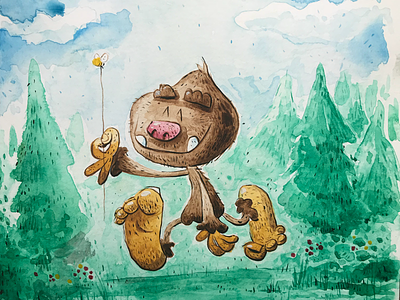 Bigfoot and bee character design illustration watercolors