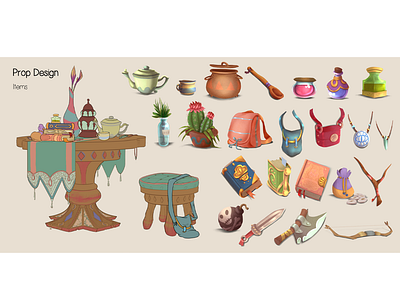 Prop Design - Items books cartoon illustration design digital painting fantasy art game art game dev icons illustration illustration art items potion prop design tools videogame vis dev visual development weapons