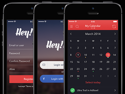 Hey!Race App [Login, Register and Calendar Dark Screens] activity app hey!race ios7 ipad iphone ui