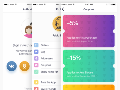 eCommerce App [Settings, Coupons & Authorization Screens] app authorization cards coupons gradient icon ios ipad iphone settings