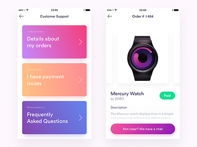 Customer Support and Orders History Screens app block card ecommerce gradients ipad iphone ui