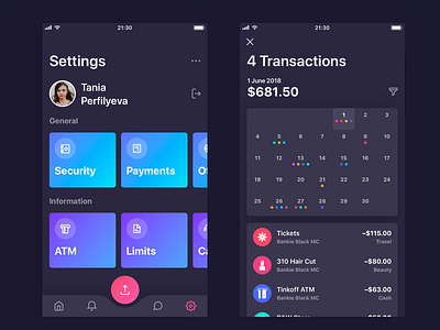 Bankie UI Kit — Settings and Calendar Screens app dark finance gradient ios ui