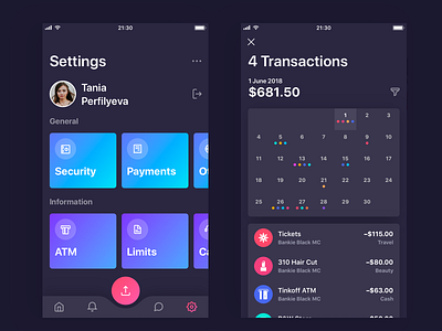 Bankie UI Kit — Settings and Calendar Screens