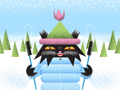 Cat on winter vacation airbrush black cat cat design flat design flat icon illustration illustrations ski skiing snow vector winter