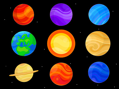 Planets And Sun 2 design earth flat flat design flat icon flat icon design flat icons icon illustration illustrations illustrator planet planet earth planets space stars sun ui ux vector