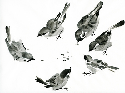sparrows animal art chinese painting graphic art illustration ink painting japanese painting nature illustration sparrow sumie