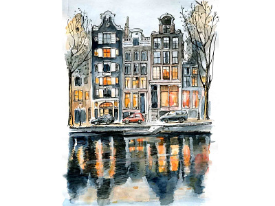 Evening Light amsterdam graphic art illustration netherlands urban sketching watercolor