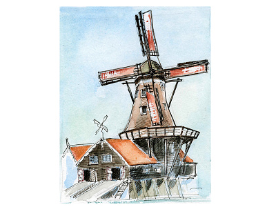 Netherlands. Windmill architechture graphic art illustration landscape netherlands windmill