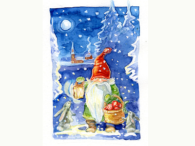 Winter fairy tale animal art christmas illustration new year 2019 scandinavian sweden swedish tomtenisse watercolor winter