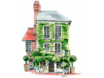 The house with the green wall graphic art illustration old house urban sketching watercolor