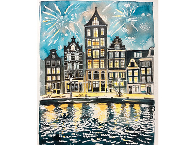 Amsterdam New Year fireworks amsterdam fireworks illustration netherlands urban sketching watercolor