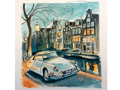 Amsterdam at night with vintage citroen on foreground amsterdam citroen graphic art illustration netherlands urban sketching vintage car watercolor