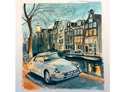 Amsterdam at night with vintage citroen on foreground