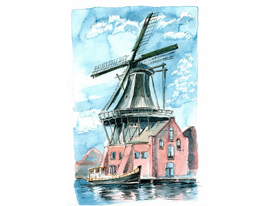 Haarlem Windmill architechture graphic art haarlem illustration netherlands urban sketching watercolor windmill