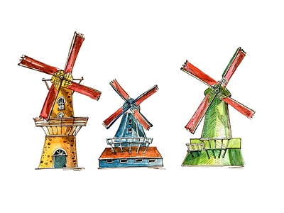 Colored windmills of Netherlands amsterdam dutch graphic art illustration netherlands watercolor windmill