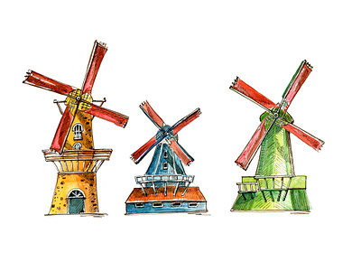 Colored windmills of Netherlands