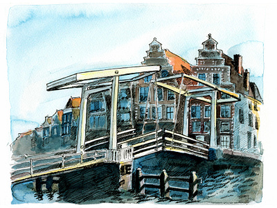 Haarlem bridge. Netherlands bridge illustration netherlands urban sketch watercolor