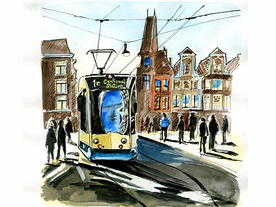 Amsterdam tram. Sunny street amsterdam graphic art illustration netherlands tram urban sketching