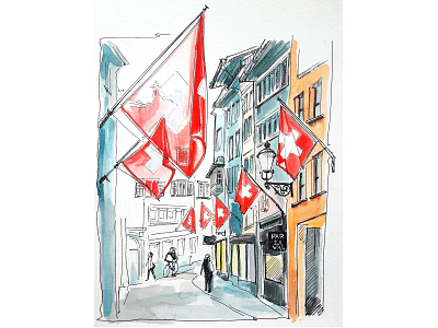 Zurich. Flags. Transparency graphic art illustration switzerland travel sketch urban sketching watercolor zurich