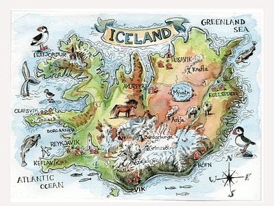 Iceland map adventure map graphic art iceland illustrated map illustration travel map watercolor